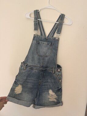 Harper Light Wash Distressed Denim Overall Shorts Shortalls Size M